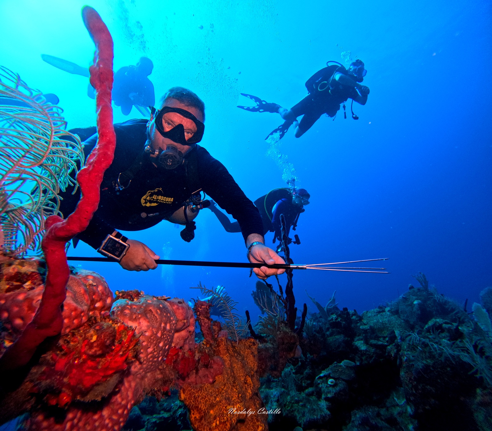 Diver posing beside a Cuban reef